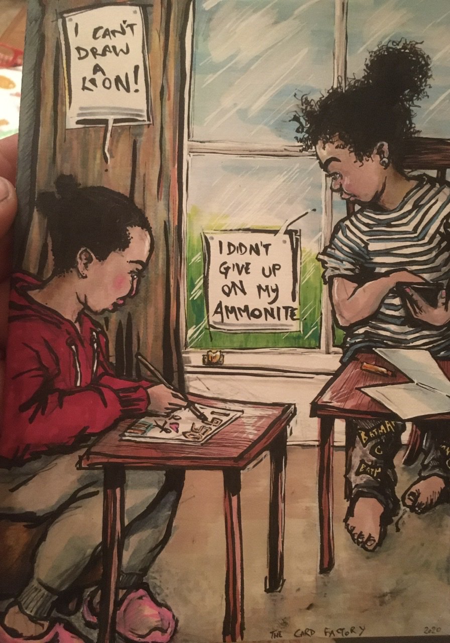 Amelia and Phee making cards for Uncle Paul