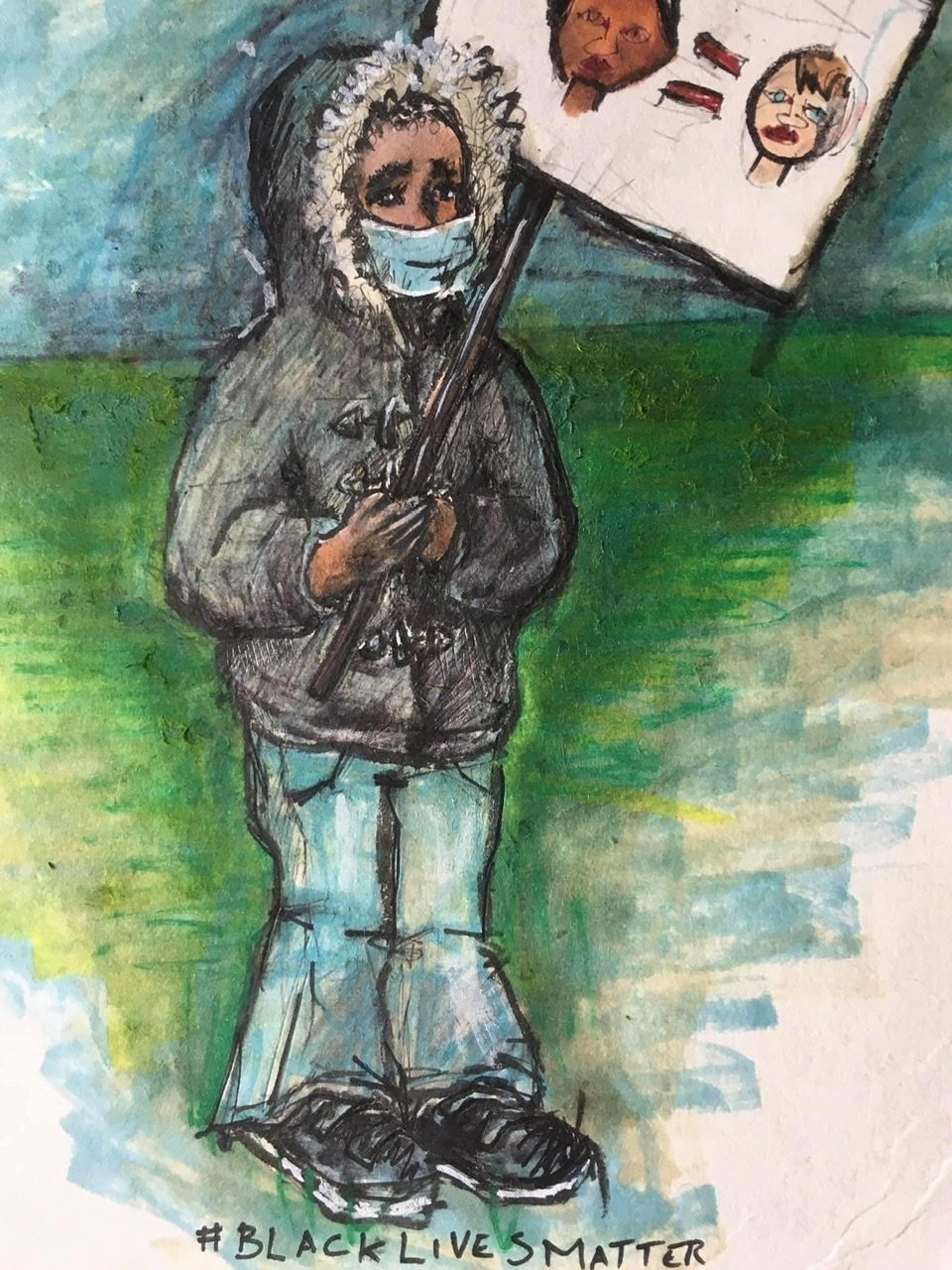 Raincoat on.  Face mask on. Get up. Stand up.