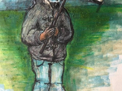 Raincoat on.  Face mask on. Get up. Stand up.