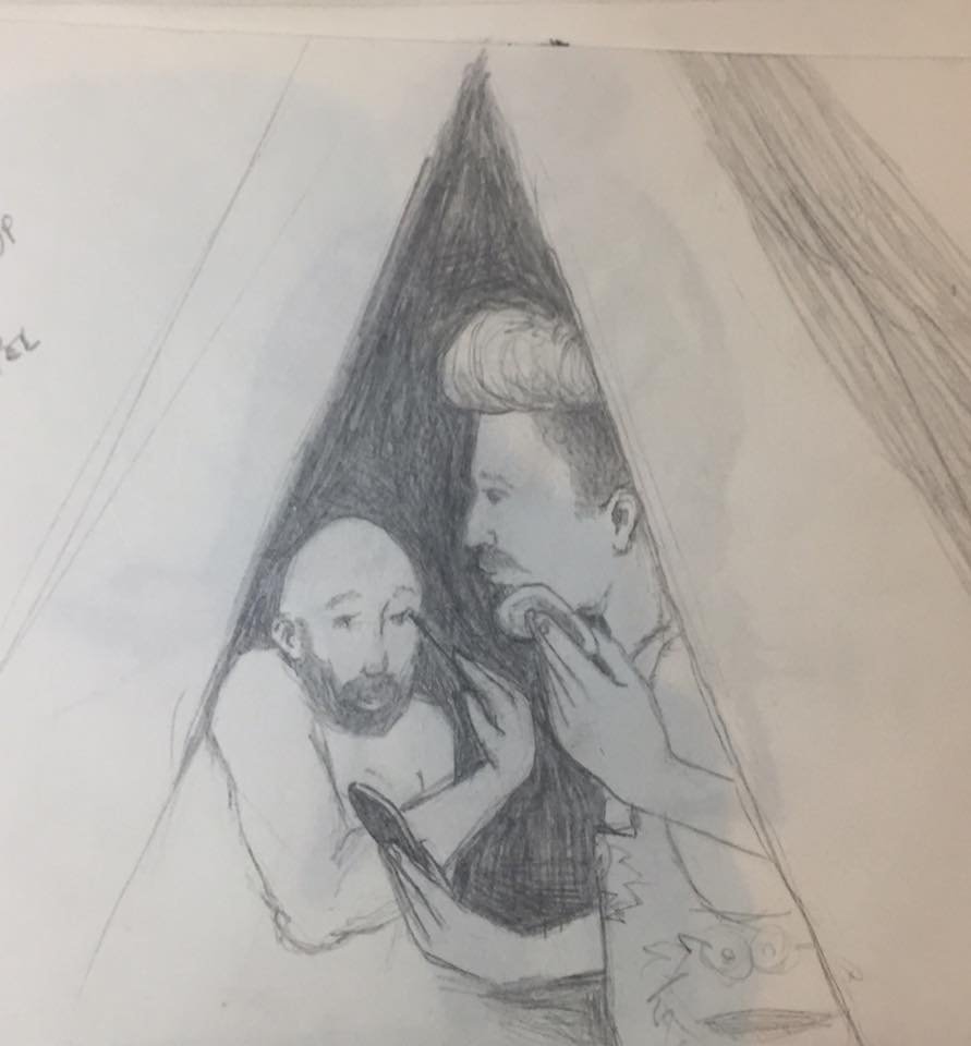 Bearded drag queens getting ready in a teepee