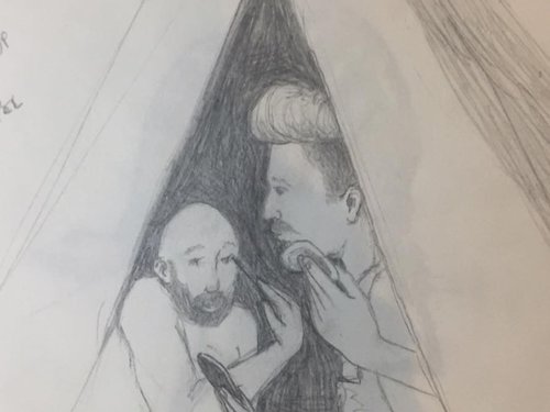 Bearded drag queens getting ready in a teepee